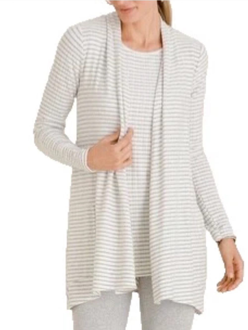 Chico's Zenergy Gray White Striped Open-Front Cardigan 4/6